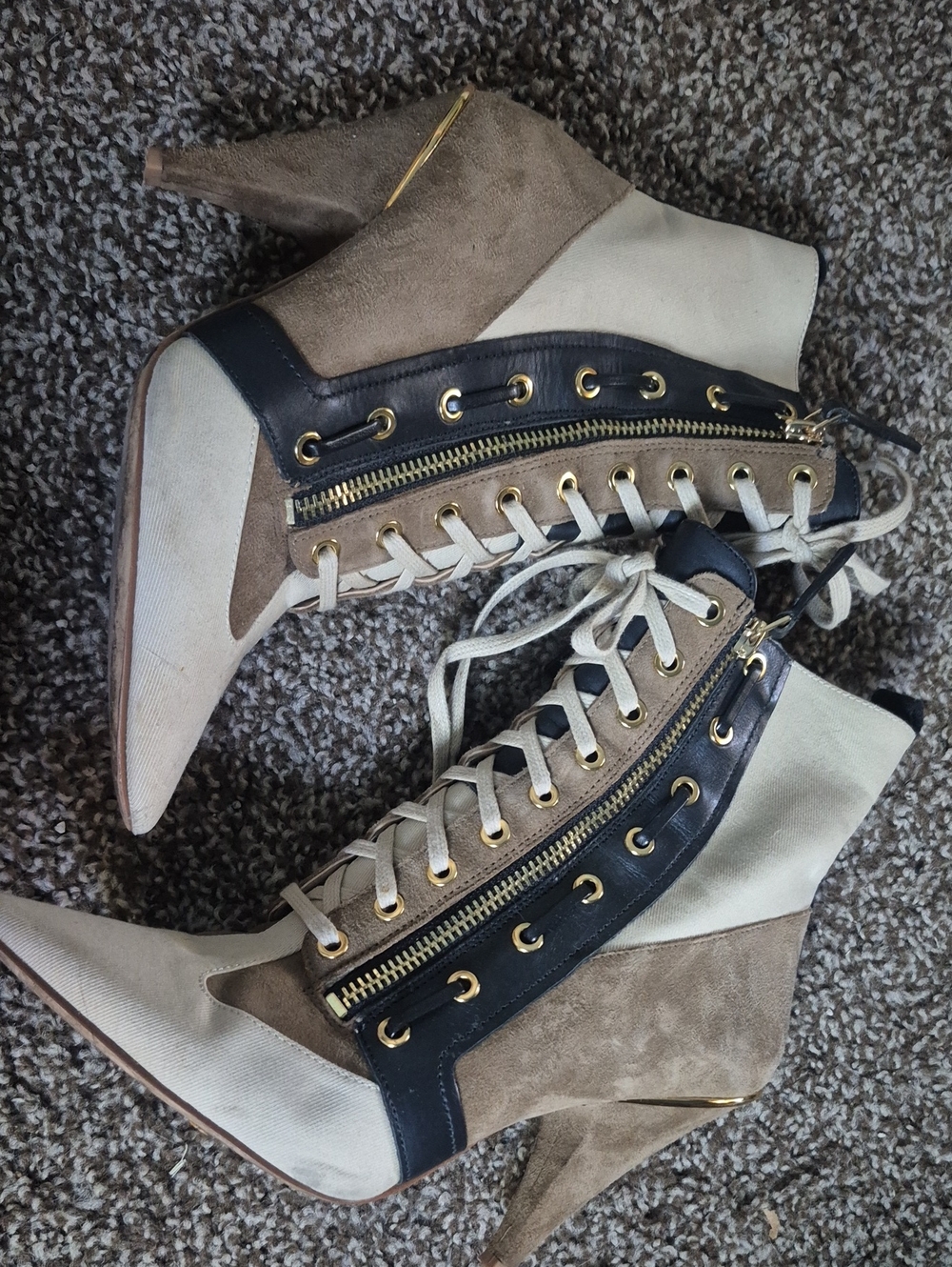 Nine West Beige, Brown & Black Lace-Up High Heel Ankle Boots with Gold Accents
